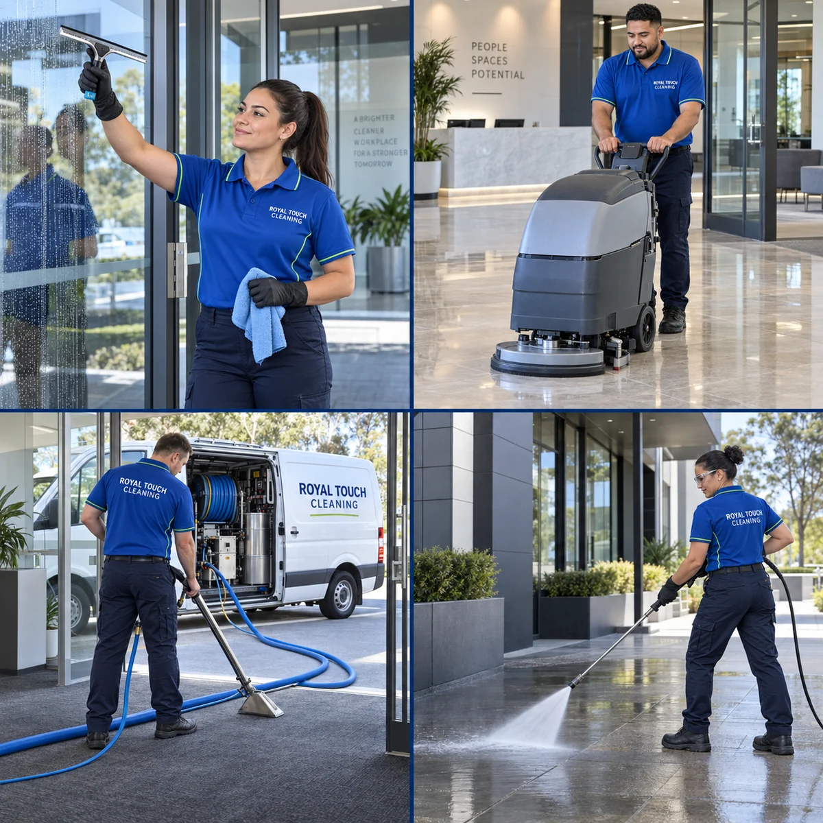 AI-generated Royal Touch team illustration showing glass cleaning, floor scrubbing, truck-mounted carpet extraction and pressure washing